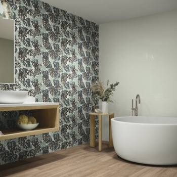 Montmartre Menthe 30 x 90 cm.  Montmartre Furet Menthe 30 x 90 cm. Pavimento Foresta Quercia 20 x 120 cm.