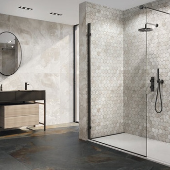 Slate White 60 x 120 cm. Hexa Slate White 29 x 27 cm. Pavimento Slate Black 60 x 120 cm.