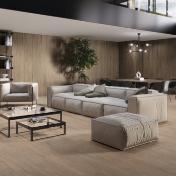 Vermont Stripes Wallnut 120x260 cm. Pavimento Vermont Wallnut 20x120 cm.