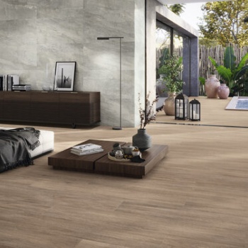 Astra Grey 60x120 cm.  Pavimento Vermont Wallnut 26x160 cm.