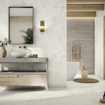 Florence Bianco 60x120 cm. Bamboo Vermonth Earth 30x90 cm. Pavimento Florence Bianco 60x120 cm.