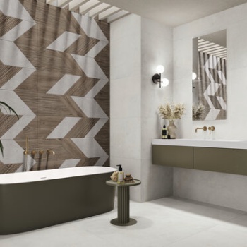 Revestimiento Village Soft Bianco 60x120 cm. Relieve Decor Links Wallnut 60x120 cm. Pavimento Village Soft Bianco 120x120 cm.