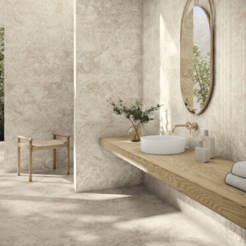 Revestimiento Canyon Beige 30 x 90 cm y Duomo Canyon Beige 30 x 90 cm. Pavimento Canyon Beige 120 x 120 cm.