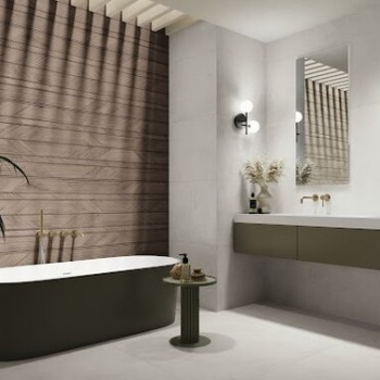 Bush Sequoya Walnut 60x120 cm. Pavimento Village Soft Cendre 120x120 cm.