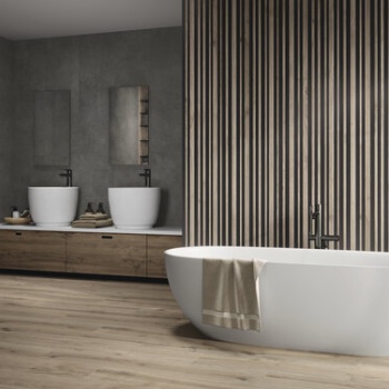 Ribbon Sequoya Oak 40 x 120 cm. Village soft Noir 40 x 120 cm. Sequoya Oak 20 x 120 cm.