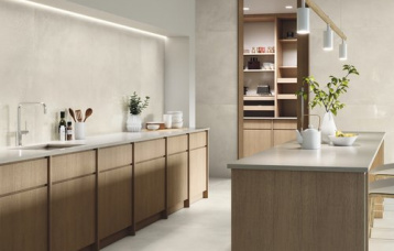 Unik Ivory Pulido 260 x 120 cm. Pavimento Unik Ivory Mate 120 x 120 cm.