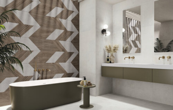 Revestimiento Village Soft Bianco 60x120 cm. Relieve Decor Links Wallnut 60x120 cm. Pavimento Village Soft Bianco 120x120 cm.