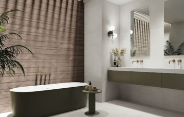 Bush Sequoya Walnut 60x120 cm. Pavimento Village Soft Cendre 120x120 cm.