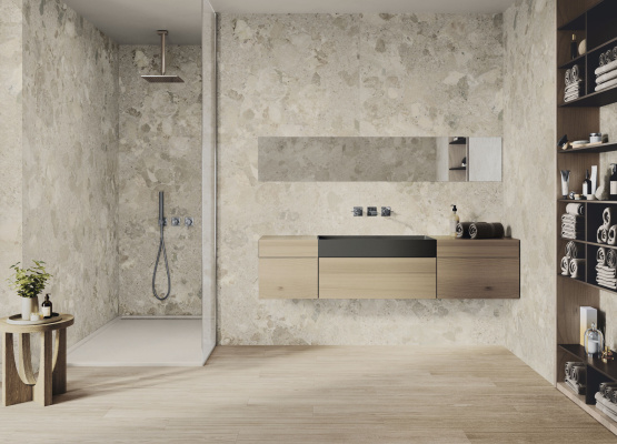 Positano Avorio 120 cm x 280 cm. Ferriere Faggio 20x120.