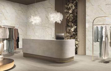 Revestimiento Diamonds Amber Champagne Glitter 60 x 120 cm. Pavimento Ferriere Faggio 20 x 120 cm.