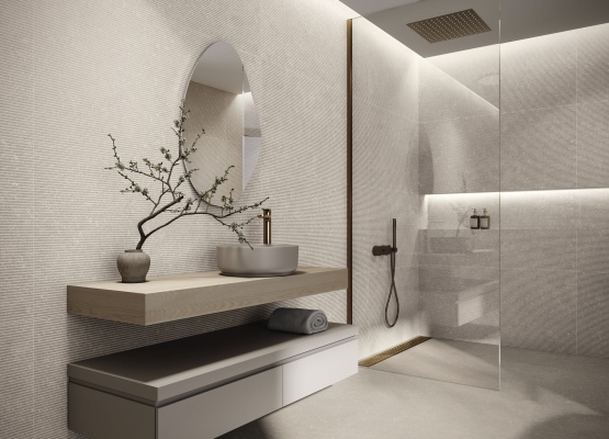 Revestimiento Notting Nut 60x120 cm. Pavimento Brera Nut 120x120 cm.